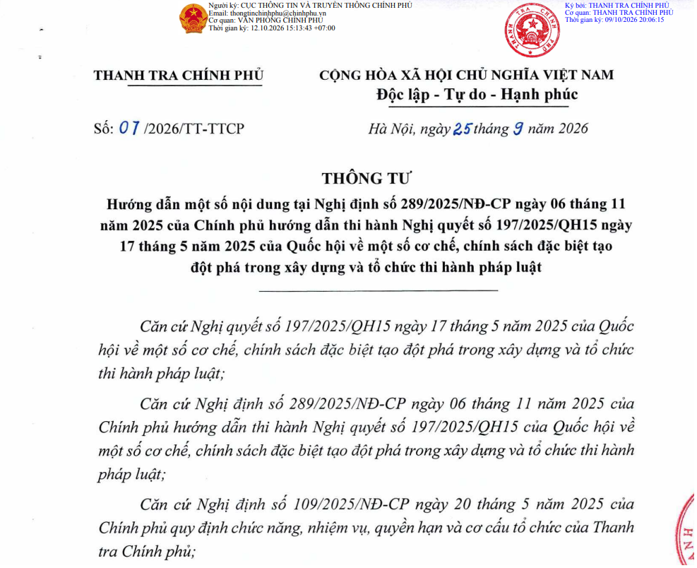 Triển khai thực hiện Thông tư số 07/2026/TT-TTCP của Tổng Thanh tra Chính phủ