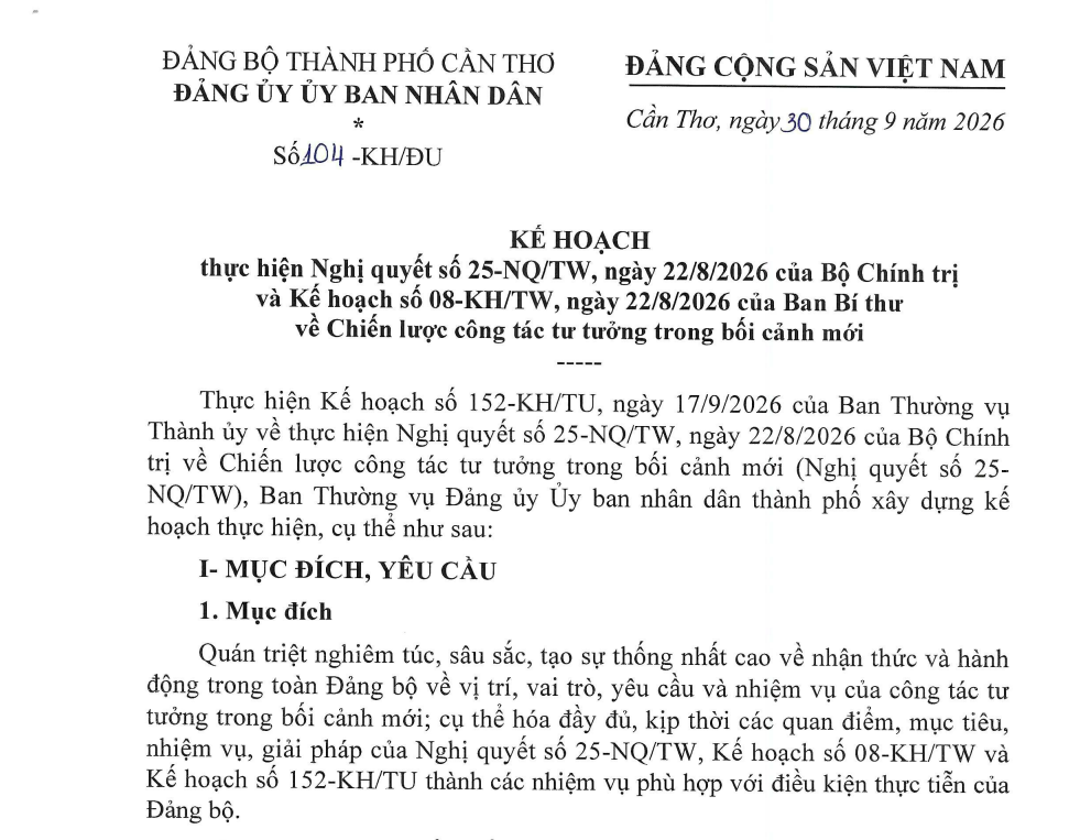 Kế hoạch số 104-KH/ĐU ngày 30 tháng 9 năm 2026 của Đảng ủy UBND thành phố Cần Thơ