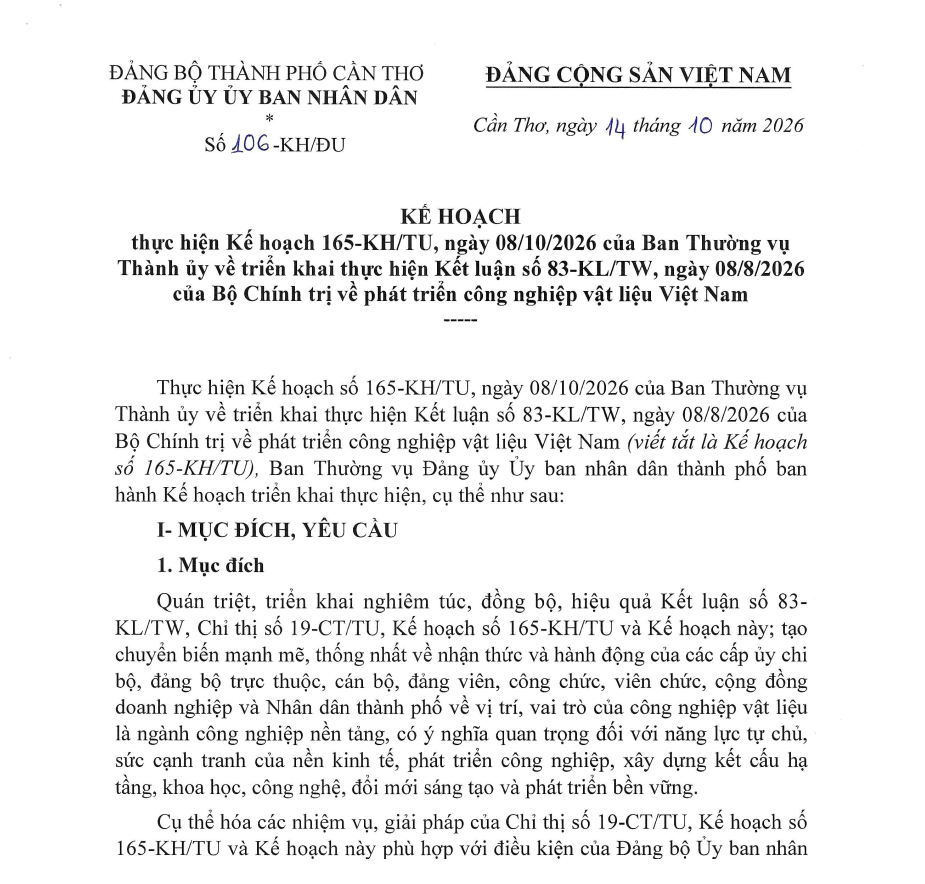 Kế hoạch số 106-KH/ĐU ngày 14/10/2026 của Đảng ủy UBND thành phố Cần Thơ