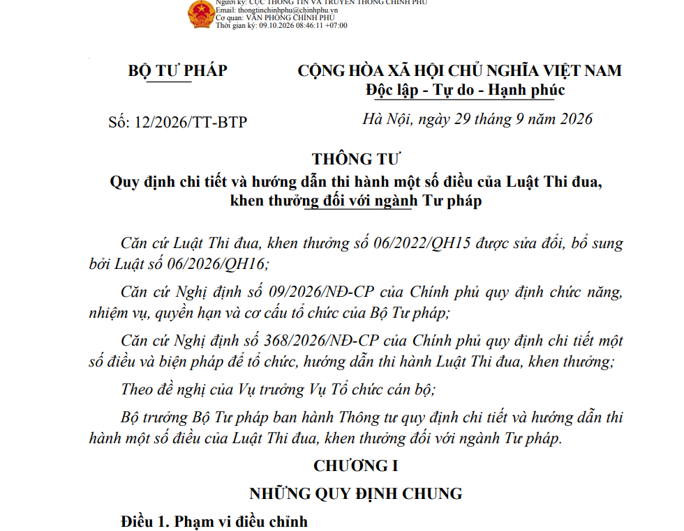 Quy định chi tiết và hướng dẫn thi hành một số điều của Luật Thi đua, khen thưởng đối với ngành Tư pháp