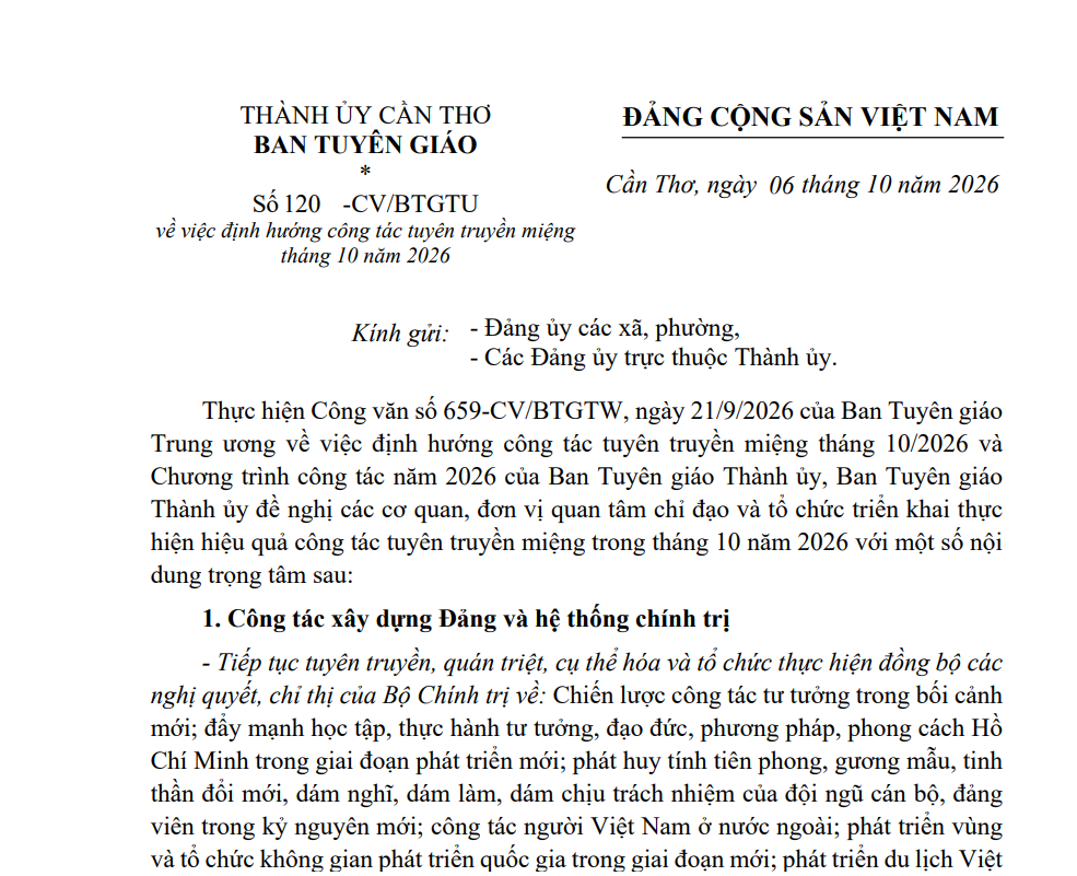 Công văn số 120-CV/BTGTU ngày 06/10/2026 của Ban Tuyên giáo thành ủy thành phố Cần Thơ