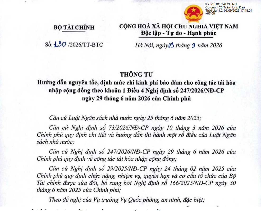 Thông tư số 130/2026/TT-BTC ngày 03/9/2026 của Bộ Trưởng Bộ Tài chính