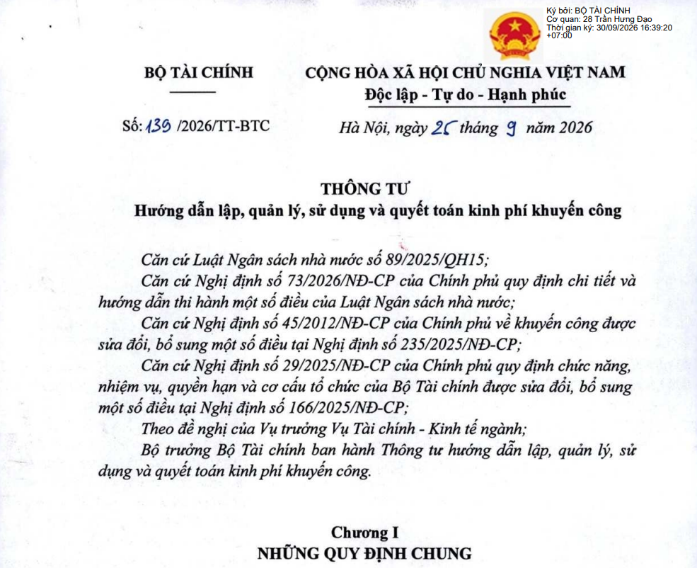 Triển khai thực hiện Thông tư số 139/2026/TT-BTC ngày 25 tháng 9 năm 2026 của Bộ trưởng Bộ Tài chính