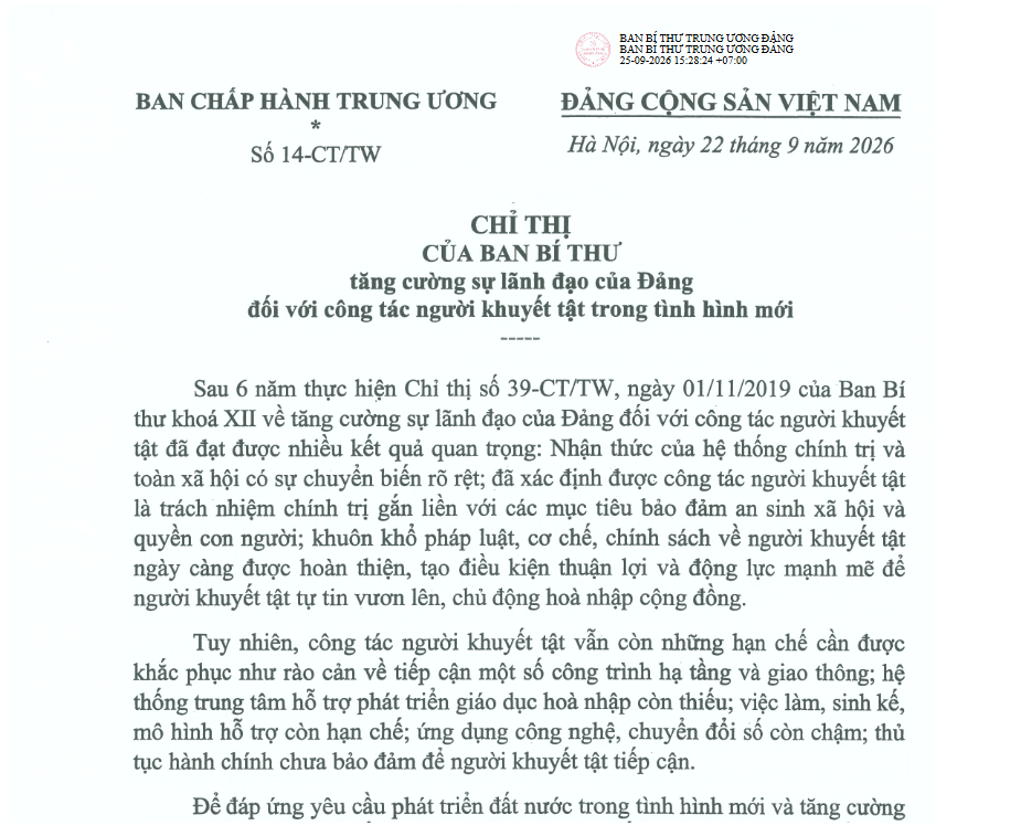 Tuyên truyền, quán triệt và triển khai thực hiện Chỉ thị số 14-CT/TW ngày 22/9/2026 của Ban Bí thư