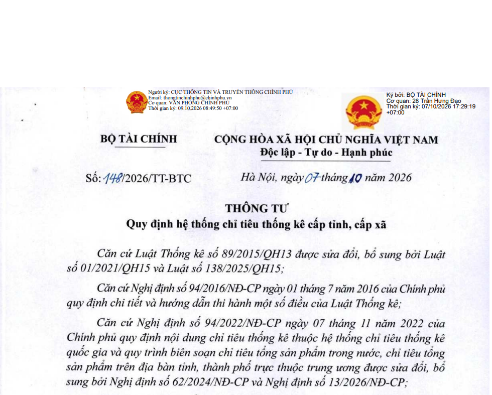 Quy định hệ thống chỉ tiêu thống kê cấp tỉnh, cấp xã