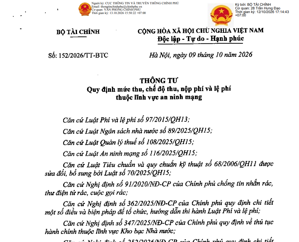 MỨC THU PHÍ VÀ LỆ PHÍ THUỘC LĨNH VỰC AN NINH MẠNG