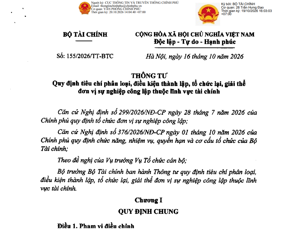 Quy định tiêu chí phân loại, điều kiện thành lập, tổ chức lại, giải thể đơn vị sự nghiệp công lập thuộc lĩnh vực tài chính
