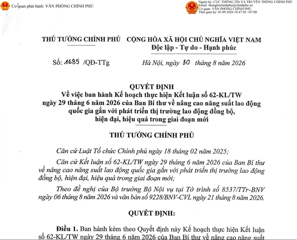 Triển khai thực hiện Quyết định số 1685/QĐ-TTg ngày 30 tháng 8 năm 2026 của Thủ tướng Chính phủ