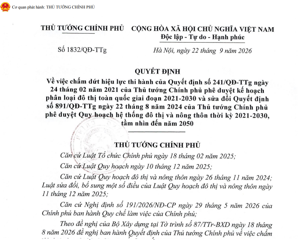 Triển khai thực hiện Quyết định số 1832/QĐ-TTg ngày 22/9/2026 của Thủ tướng Chính phủ