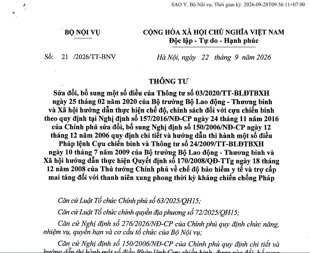 Triển khai thông tư số 21/2026/TT-BNV ngày 22 tháng 9 năm 2026 của Bộ trưởng Bộ Nội vụ