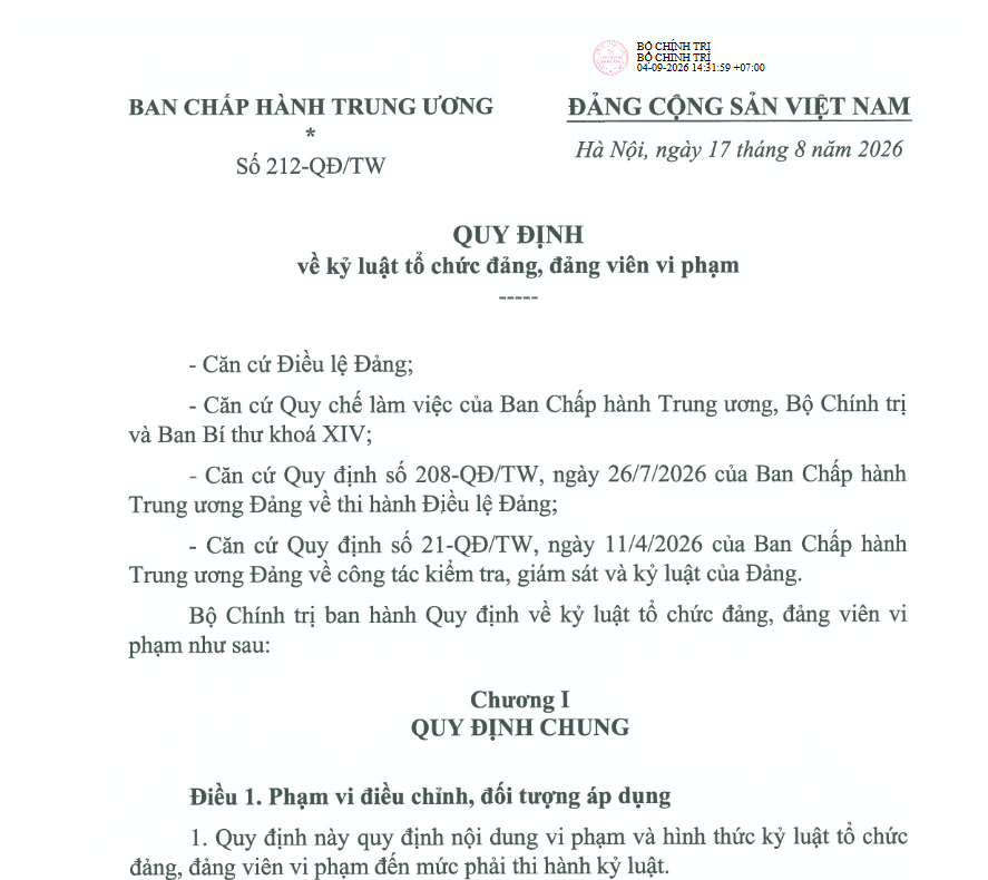 Quán triệt và triển khai thực hiện Quy định số 212-QĐ/TW, ngày 17/8/2026 của Bộ Chính trị và Hướng dẫn số 03-HD/UBKTTW, ngày 23/9/2026 của Ủy ban Kiểm tra Trung ương