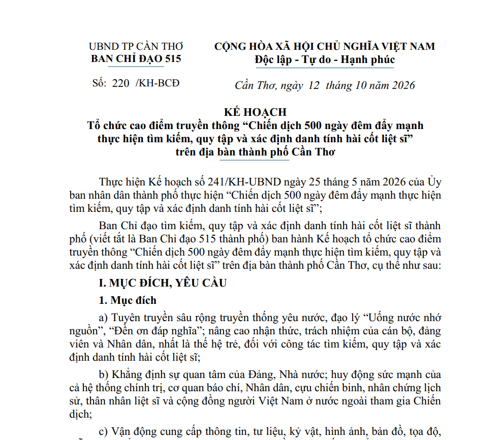 Tổ chức cao điểm truyền thông "Chiến dịch 500 ngày đêm đẩy mạnh thực hiện tìm kiếm, quy tập và xác định danh tính hài cốt liệt sĩ" trên địa bàn thành phố Cần Thơ