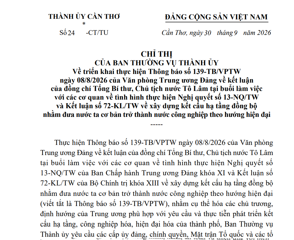 Triển khai thực hiện Chỉ thị số 24-CT/TU, ngày 30/9/2026 của Ban Thường vụ Thành ủy Cần Thơ