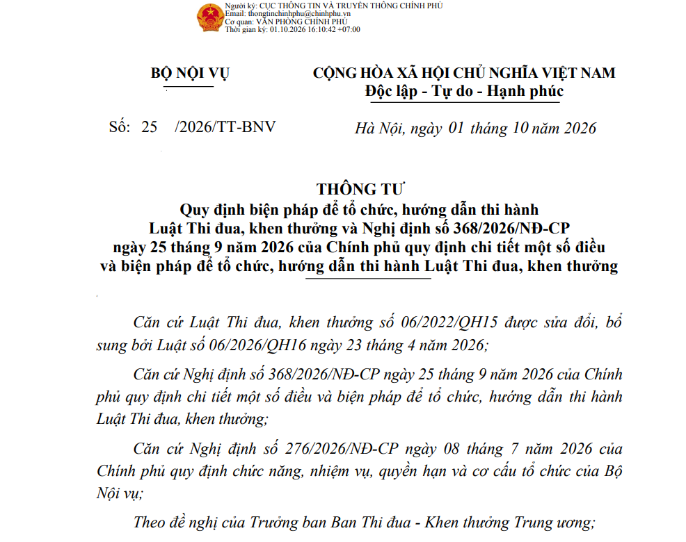 Quy định biện pháp để tổ chức, hướng dẫn thi hành Luật Thi đua, khen thưởng và Nghị định số 368/2026/NĐ-CP ngày 25 tháng 9 năm 2026 của Chính phủ quy định chi tiết một số điều và biện pháp để tổ chức, hướng dẫn thi hành Luật Thi đua, khen thưởng