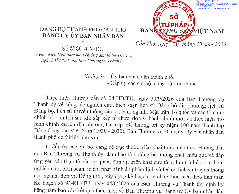 Công văn số 2960-CV/ĐU ngày 06/10/2026 của Đảng ủy UBND thành phố Cần Thơ