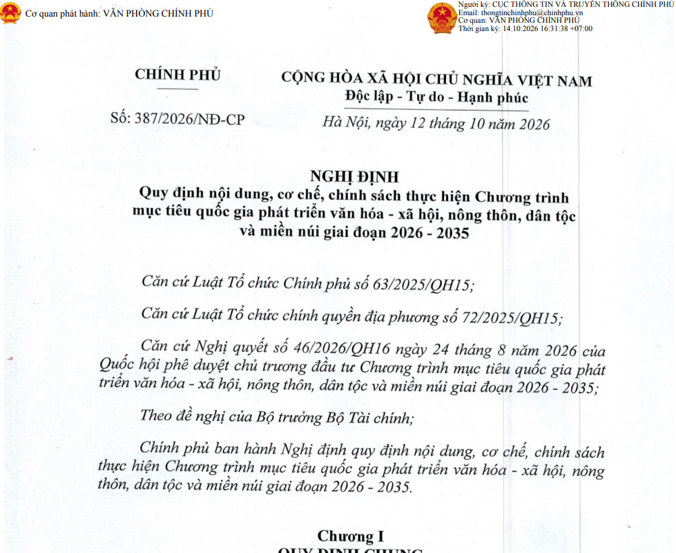 Quy định nội dung, cơ chế, chính sách thực hiện Chương trình mục tiêu quốc gia phát triển văn hóa - xã hội, nông thôn, dân tộc và miền núi giai đoạn 2026 – 2035