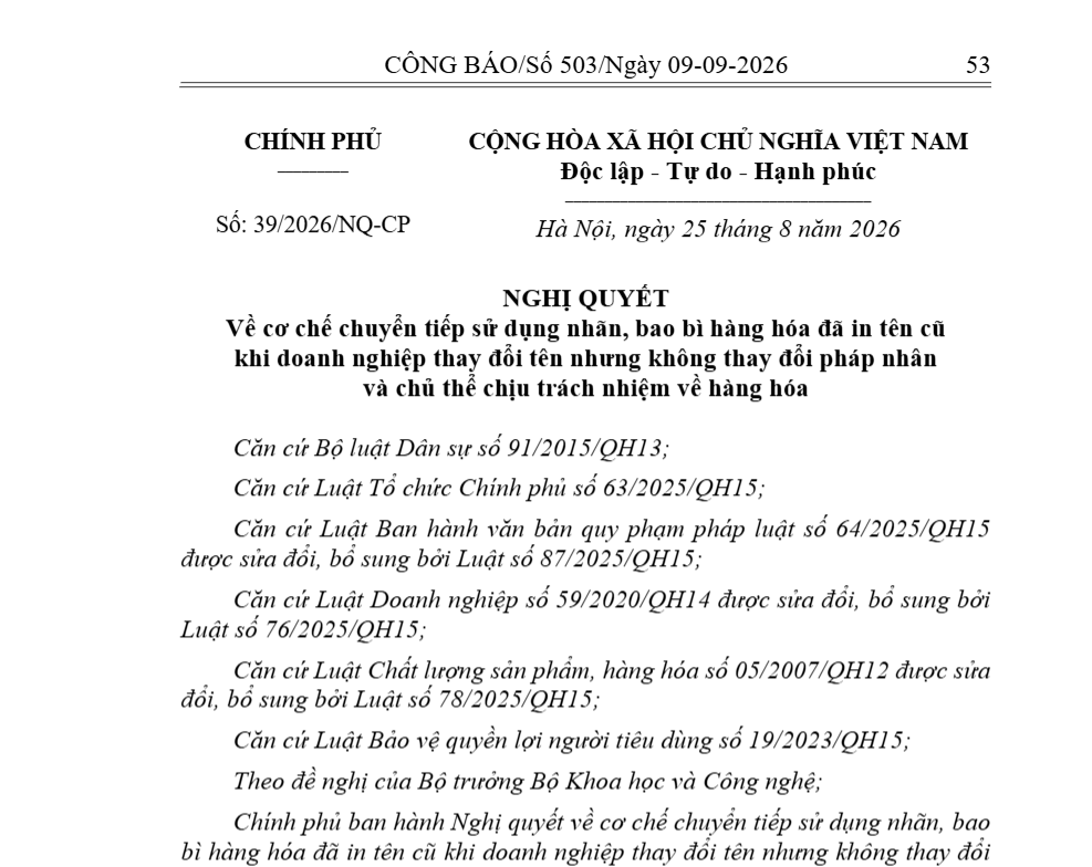 Triển khai thực hiện Nghị quyết số 39/2026/NQ-CP ngày 25/8/2026 của Chính phủ