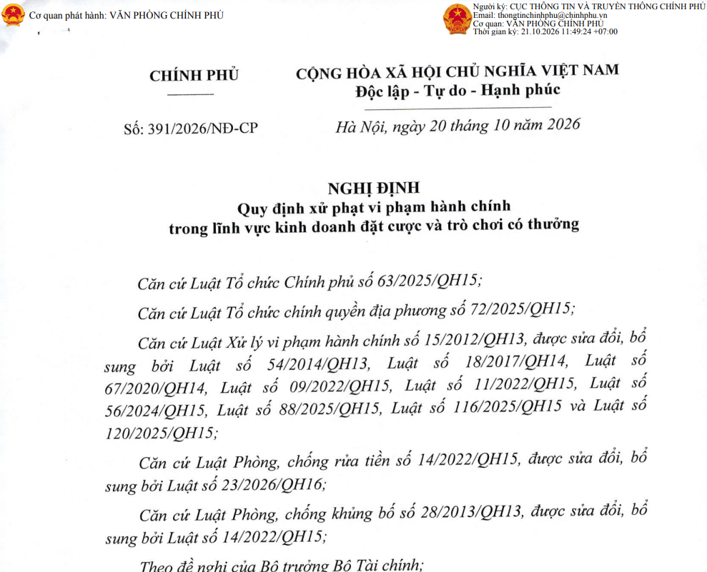 Quy định xử phạt vi phạm hành chính trong lĩnh vực kinh doanh đặt cược và trò chơi có thưởng
