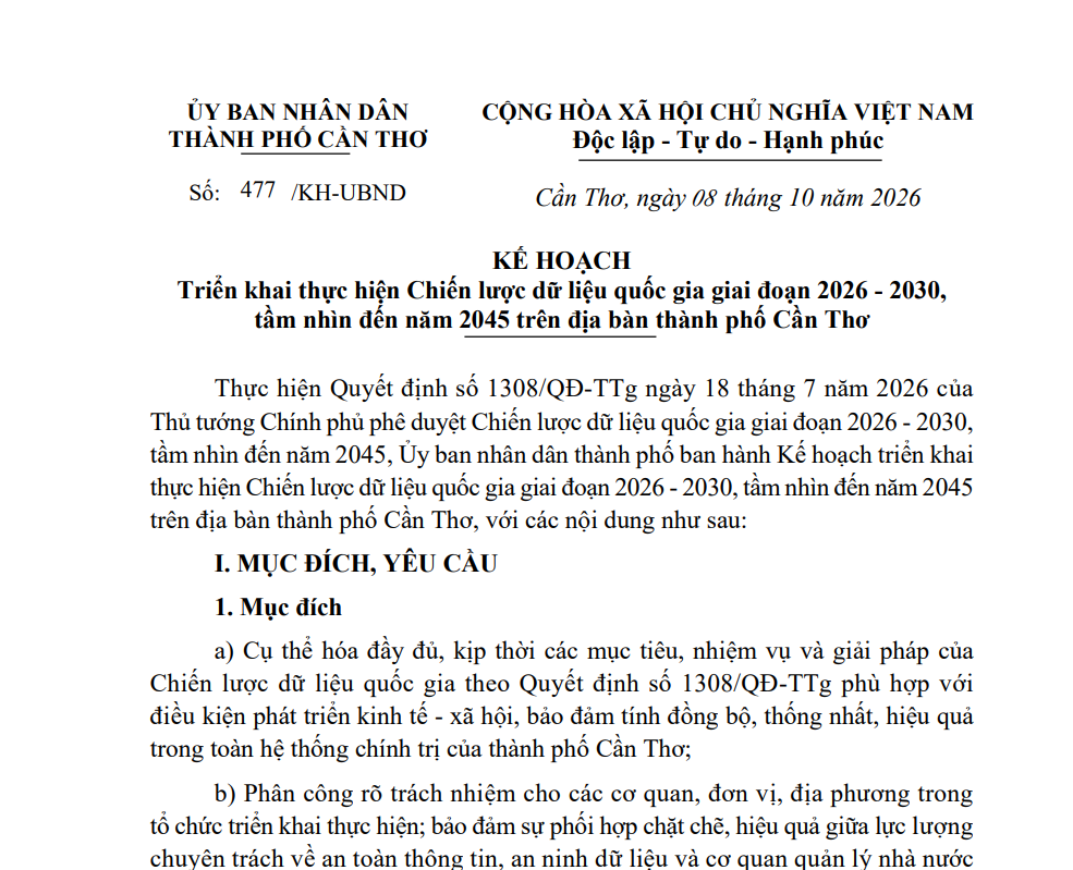 Cần Thơ quy định thực hiện Chiến lược dữ liệu quốc gia giai đoạn 2026 - 2030, tầm nhìn đến năm 2045