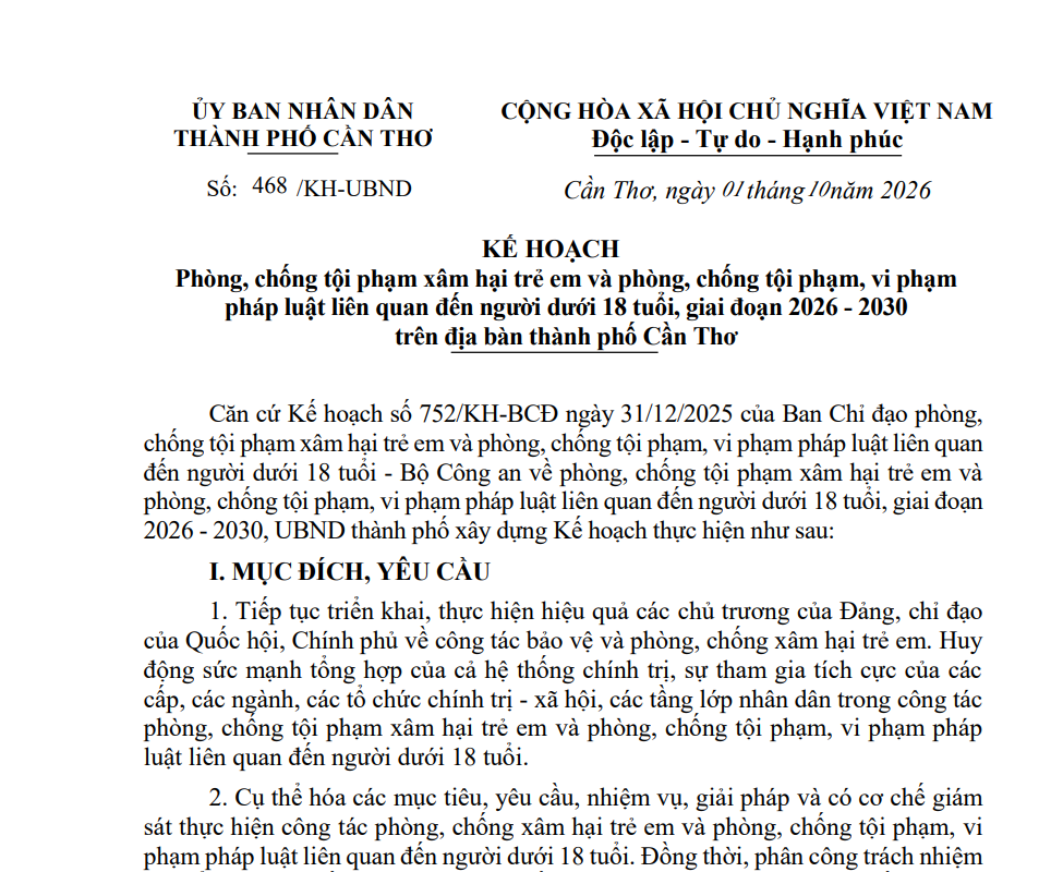Cần Thơ quy định về phòng, chống tội phạm xâm hại trẻ em và phòng, chống tội phạm, vi phạm pháp luật liên quan đến người dưới 18 tuổi, giai đoạn 2026 - 2030