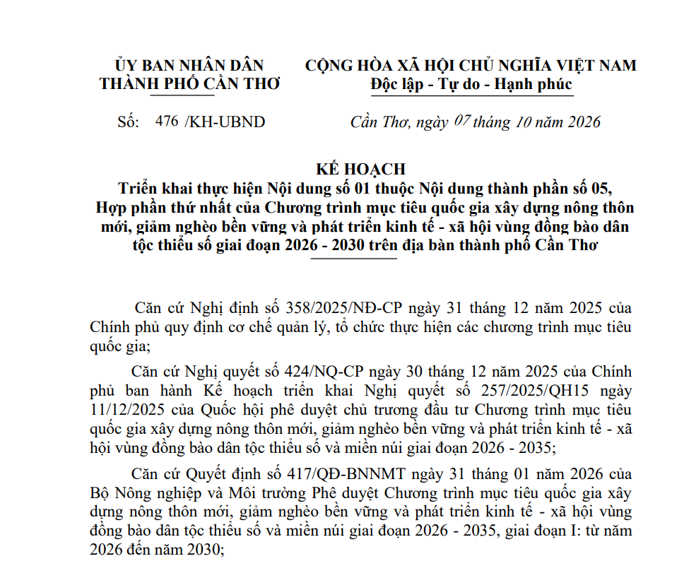 Cần Thơ quy định triển khai thực hiện Nội dung số 01 thuộc Nội dung thành phần số 05, Hợp phần thứ nhất của Chương trình mục tiêu quốc gia xây dựng nông thôn mới, giảm nghèo bền vững và phát triển kinh tế - xã hội vùng đồng bào dân tộc thiểu số giai đoạn