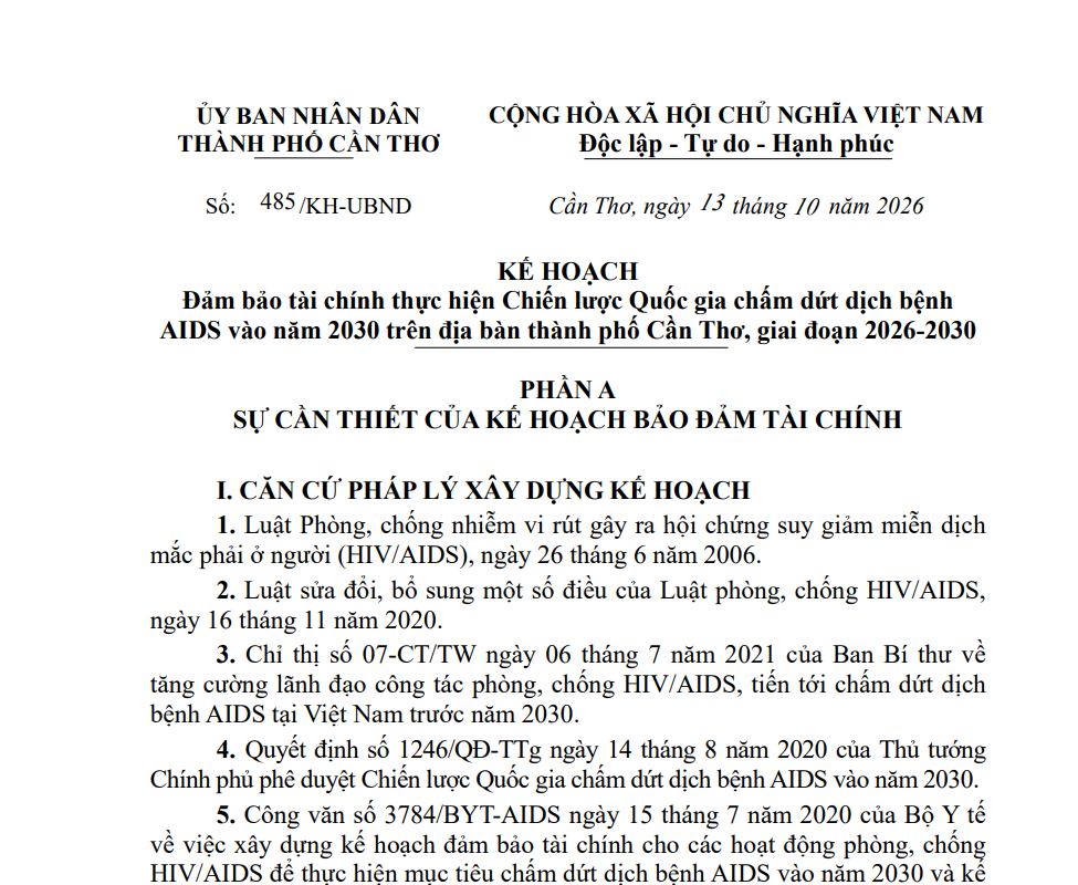Cần Thơ quy định về đảm bảo tài chính thực hiện Chiến lược Quốc gia chấm dứt dịch bệnh AIDS vào năm 2030, giai đoạn 2026-2030