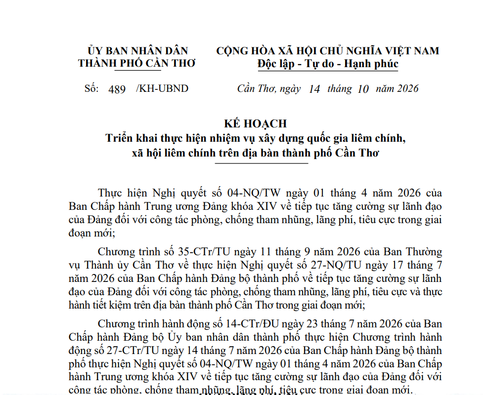 Quy định về thực hiện nhiệm vụ xây dựng quốc gia liêm chính, xã hội liêm chính