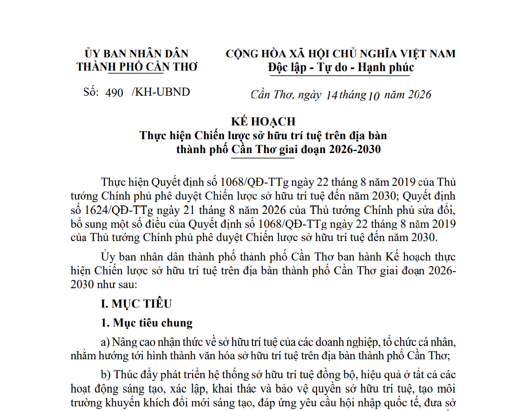 Cần Thơ quy định thực hiện Chiến lược sở hữu trí tuệ giai đoạn 2026-2030