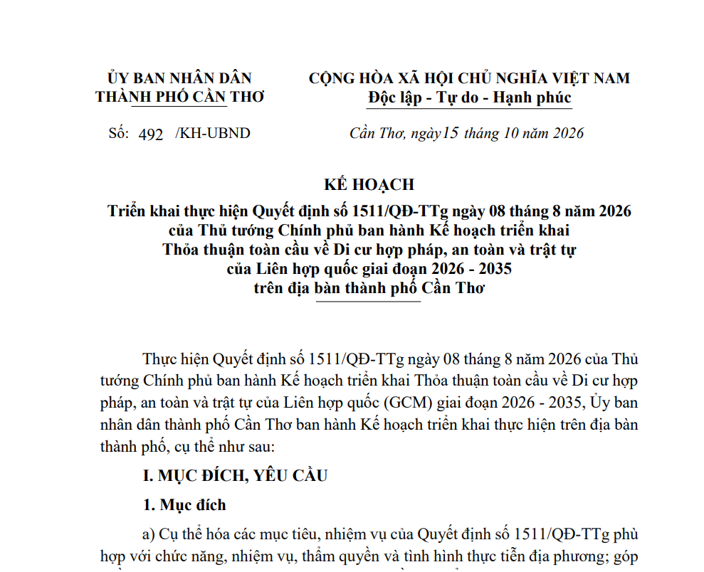 Cần Thơ quy định triển khai thực hiện Quyết định số 1511/QĐ-TTg ngày 08 tháng 8 năm 2026 của Thủ tướng Chính phủ ban hành Kế hoạch triển khai Thỏa thuận toàn cầu về Di cư hợp pháp, an toàn và trật tự của Liên hợp quốc giai đoạn 2026 - 2035
