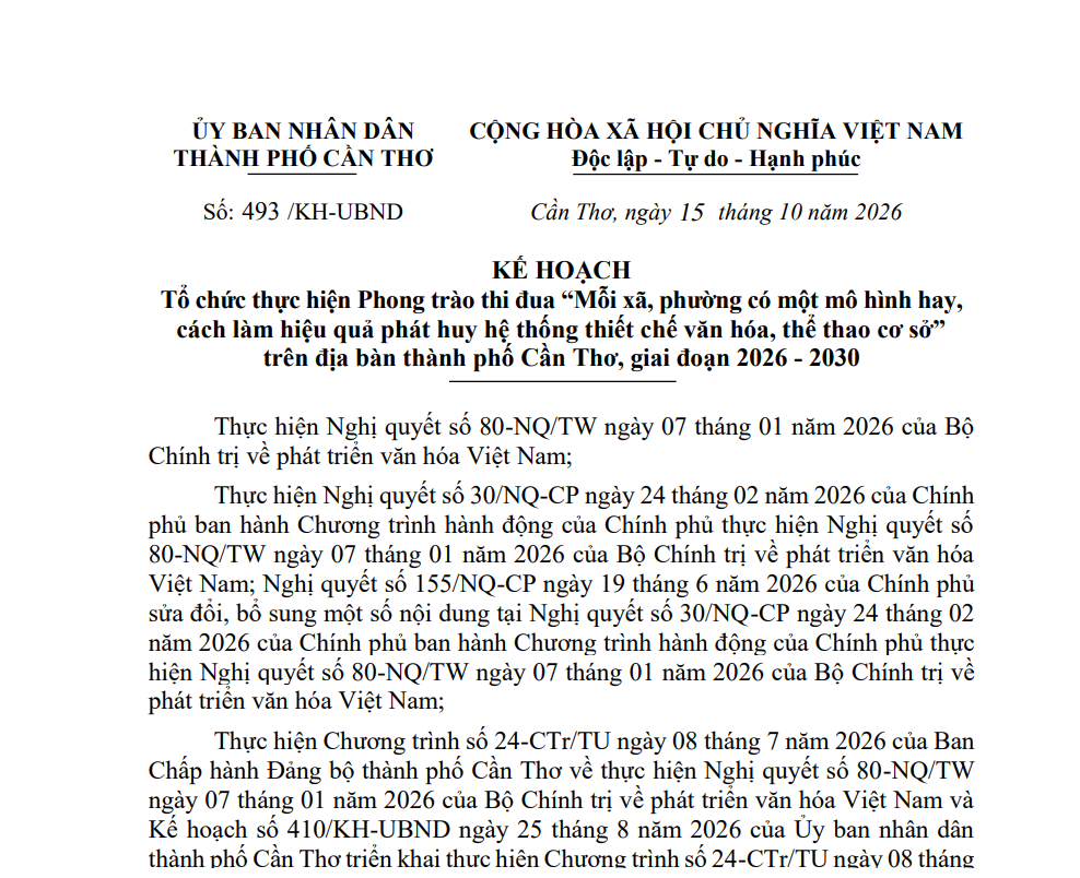 Cần Thơ quy định về tổ chức thực hiện Phong trào thi đua “Mỗi xã, phường có một mô hình hay, cách làm hiệu quả phát huy hệ thống thiết chế văn hóa, thể thao cơ sở” giai đoạn 2026 – 2030