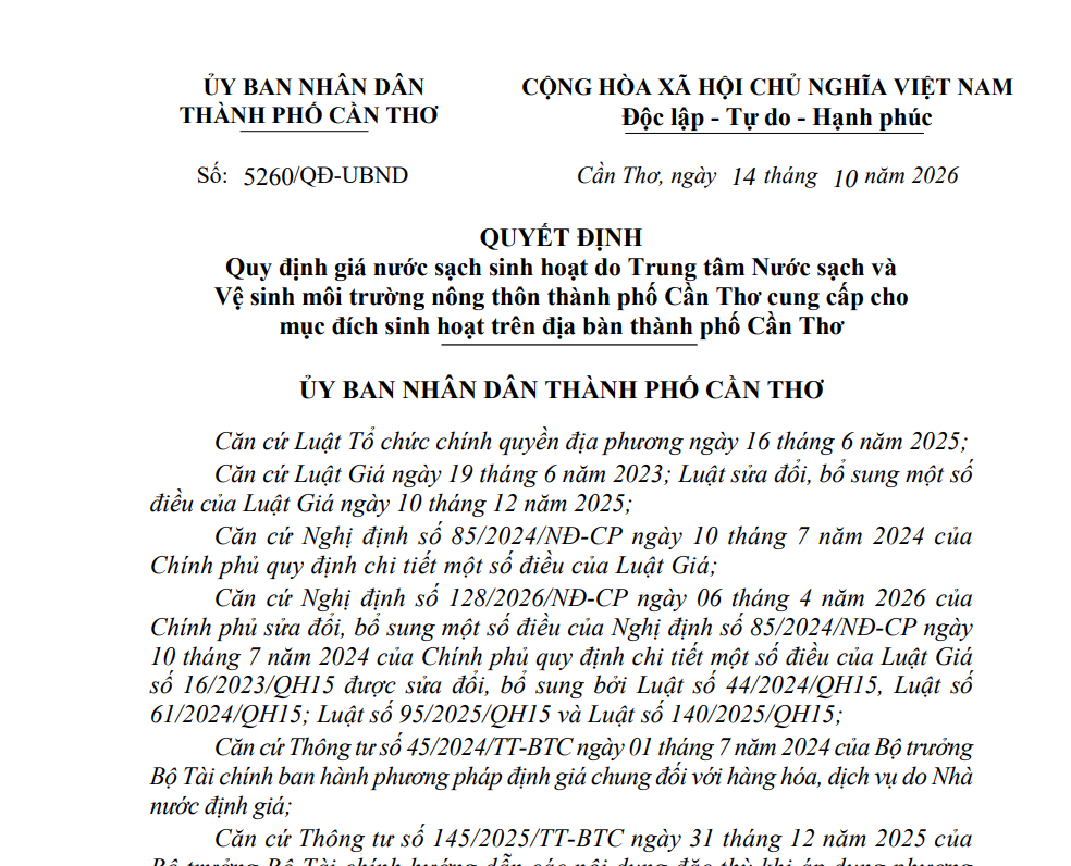 Cần Thơ quy định giá nước sạch sinh hoạt do Trung tâm Nước sạch và Vệ sinh môi trường nông thôn thành phố Cần Thơ cung cấp cho mục đích sinh hoạt