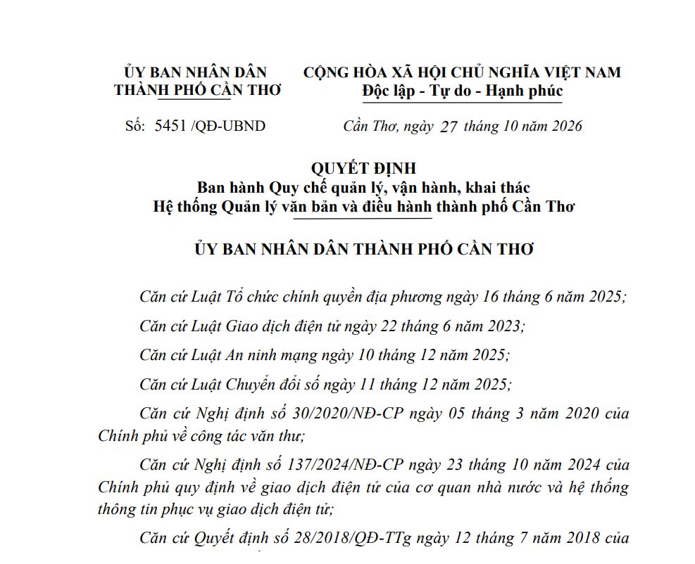 Quy định quản lý, vận hành, khai thác Hệ thống Quản lý văn bản và điều hành thành phố Cần Thơ