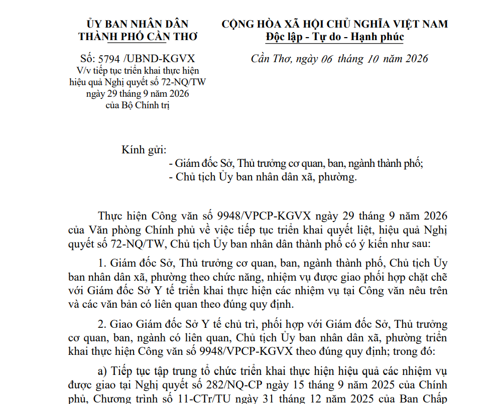 Công văn số 5794/UBND-KGVX ngày 06/10/2026 của UBND thành phố Cần Thơ