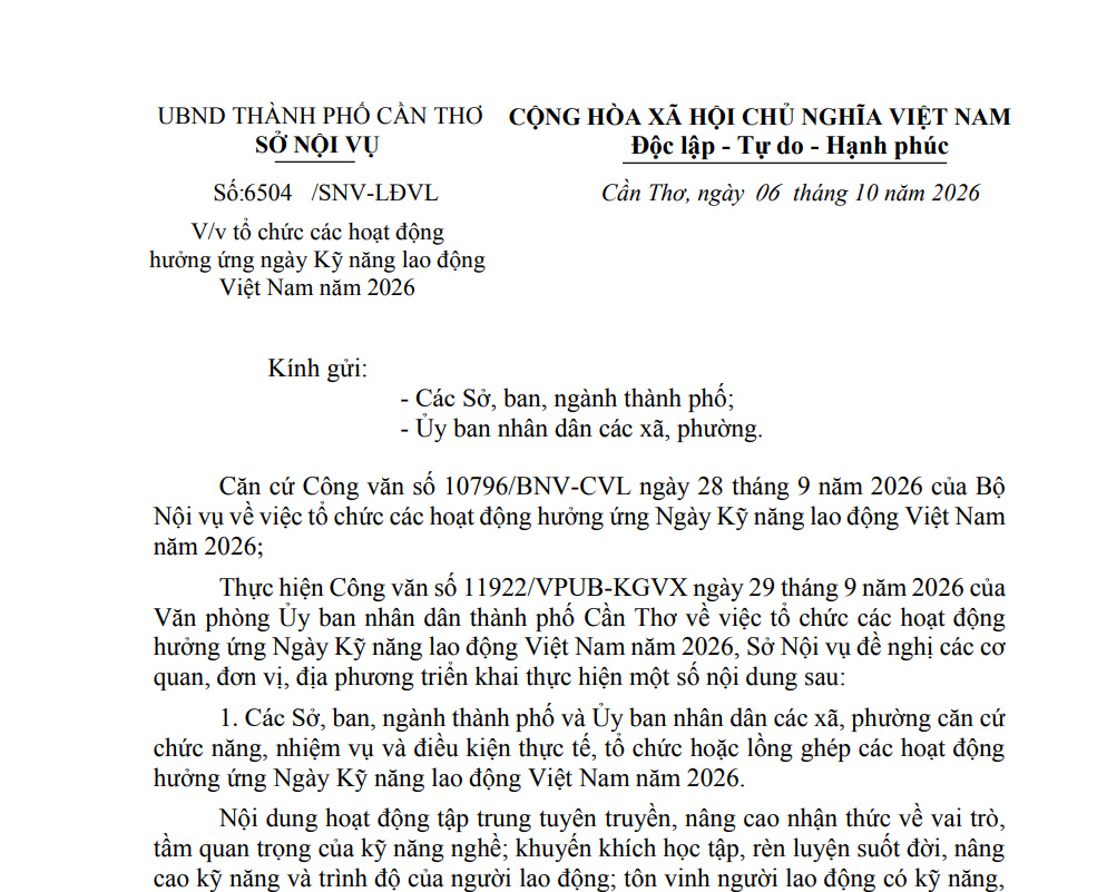 Công văn số 6504/SNV-LĐVL ngày 06/10/2026 của Sở Nội vụ thành phố Cần Thơ