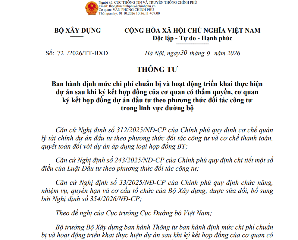Triển khai thực hiện Thông tư số 72/2026/TT-BXD ngày 30/9/2026 của Bộ Xây dựng