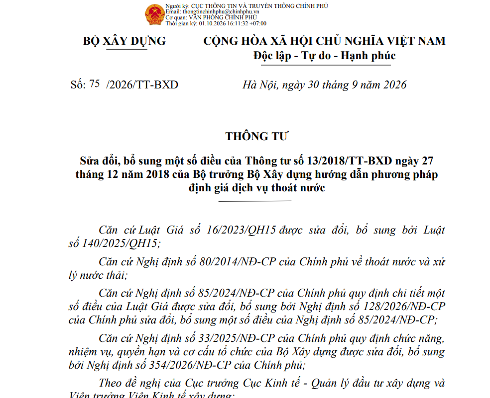 Triển khai Thông tư số 75/2026/TT-BXD ngày 30/9/2026 của Bộ trưởng Bộ Xây dựng