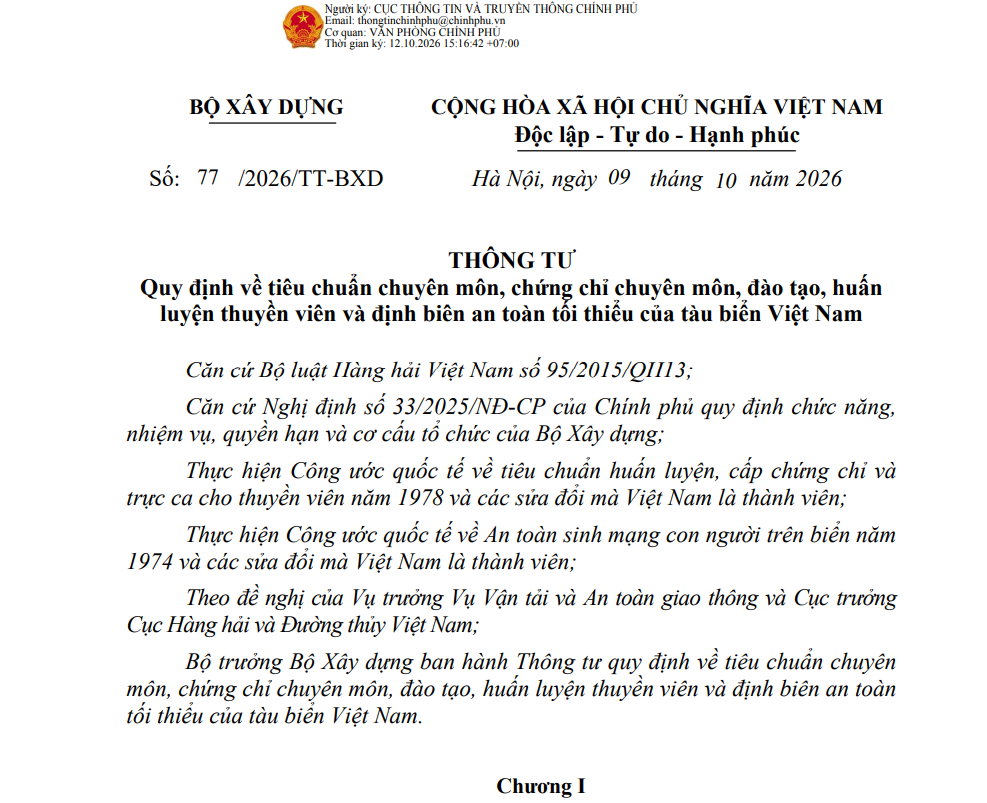 Quy định về tiêu chuẩn chuyên môn, chứng chỉ chuyên môn, đào tạo, huấn luyện thuyền viên và định biên an toàn tối thiểu của tàu biển Việt Nam