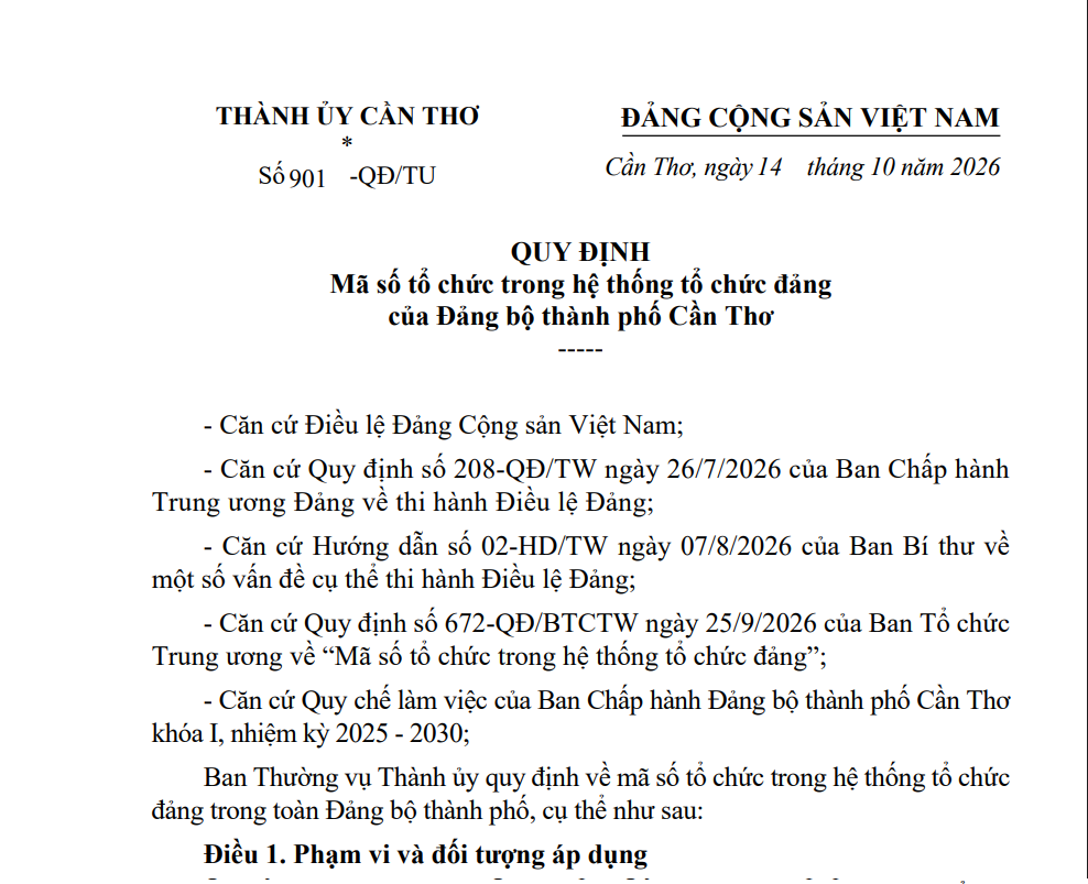 Quyết định số 901-QĐ/TU ngày 14/10/2026 của thành ủy thành phố Cần Thơ