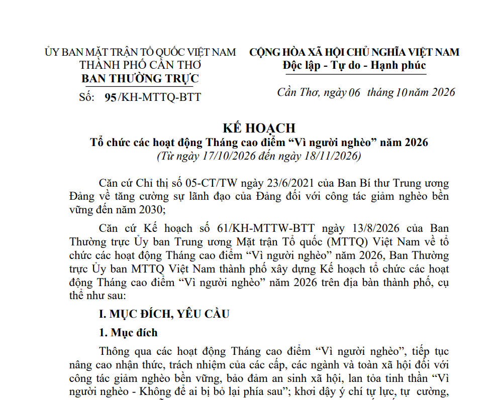 Kế hoạch số 95/KH-MTTQ-BTT ngày 06/10/2026 của Ban Thường trực Ủy ban MTTQ Việt Nam thành phố Cần Thơ