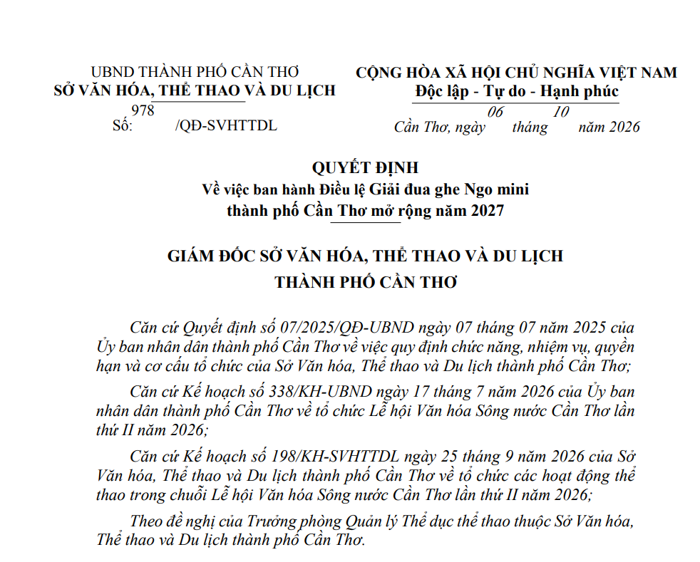 Quyết định số 978/QĐ-SVHTTDL ngày 06/10/2026 của Sở Văn hóa, Thể thao và Du lịch thành phố Cần Thơ