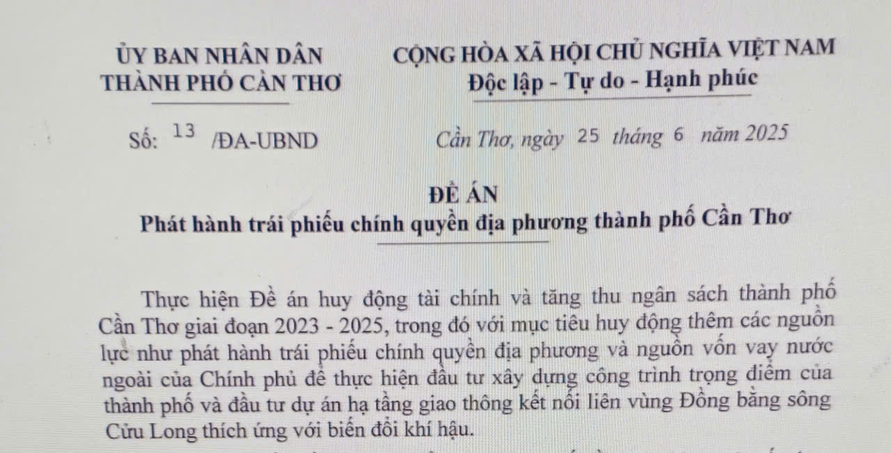 Đề án phát hành trái phiếu chính quyền địa phương thành phố Cần Thơ