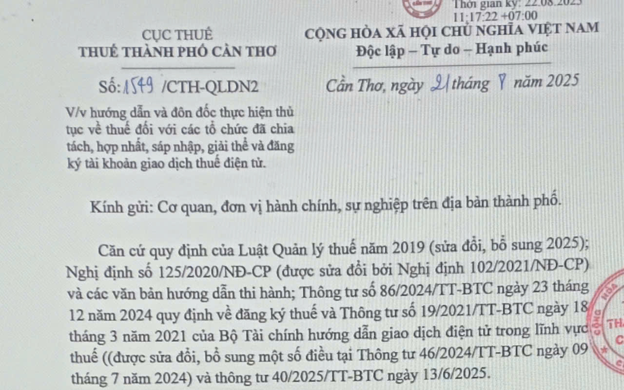 Hướng dẫn và đôn đốc thực hiện thủ tục về thuế đối với các tổ chức đã chia tách, hợp nhất, sáp nhập, giải thể và đăng ký tài khoản giao dịch thuế điện tử.