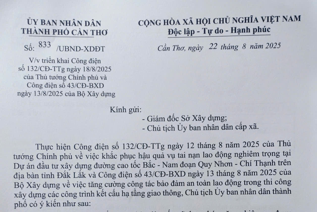 Triển khai Công điện số 132/CĐ-TTg ngày 18/8/2025 của Thủ tướng Chính phủ và Công điện số 43/CĐ-BXD ngày 13/8/2025 của Bộ Xây dựng