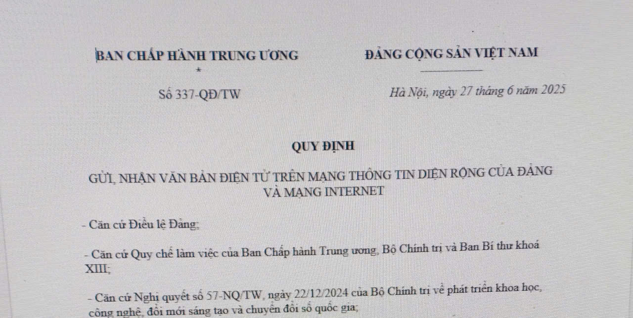 Quy định số 337-QĐ/TW năm 2025 về gửi, nhận văn bản điện tử trên mạng thông tin diện rộng của Đảng và mạng Internet