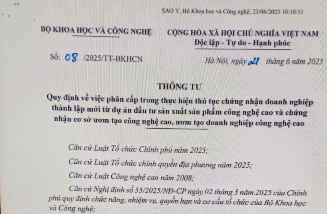 Phân cấp thực hiện thủ tục chứng nhận doanh nghiệp thành lập mới hoạt động công nghệ cao