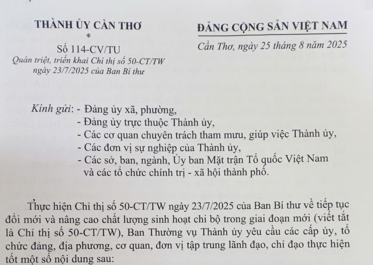 Quán triệt, triển khai Chỉ thị số 50-CT/TW ngày 23/7/2025 của Ban Bí thư