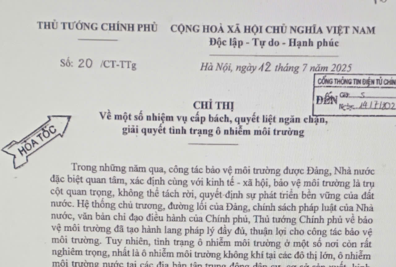 Chỉ thị số 20/CT-TTg 2025 về giải quyết tình trạng ô nhiễm môi trường của Thủ tướng Chính phủ