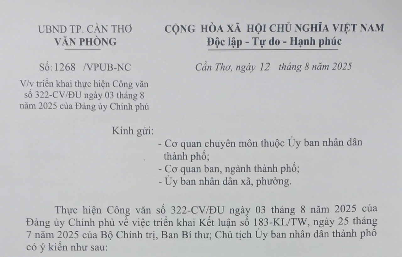 Triển khai thực hiện Công văn số 322-CV/ĐU ngày 03 tháng 8 năm 2025 của Đảng ủy Chính phủ