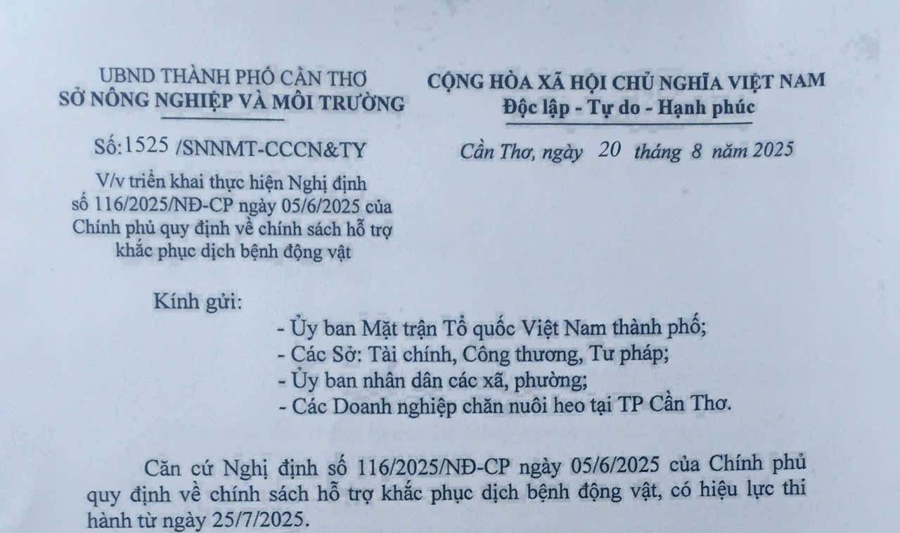 Triển khai thực hiện Nghị định số 116/2025/NĐ-CP ngày 05/6/2025 của Chính phủ quy định về chính sách hỗ trợ khắc phục dịch bệnh động vật