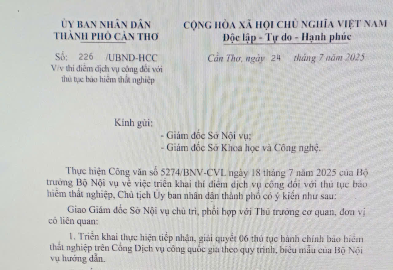 Thành phố Cần Thơ triển khai thí điểm dịch vụ công đối với thủ tục bảo hiểm thất nghiệp
